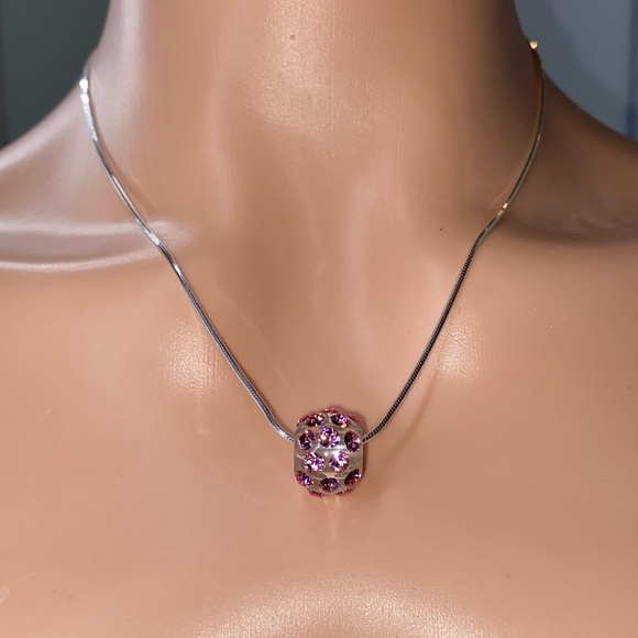 Pink Acrylic pendant necklace with sterling silver chain, genuine crystals - Picture 9 of 9